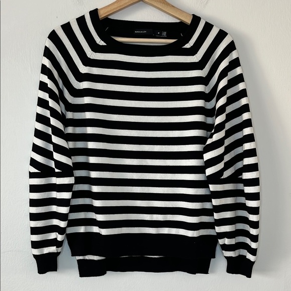 Karen Millen Round Neck Raglan Sleeve‎ Striped Split Hem Sweater Black White Med - Picture 1 of 10
